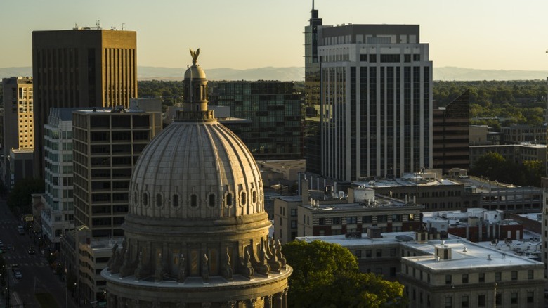 An aerial view of the Idaho State Capitol building