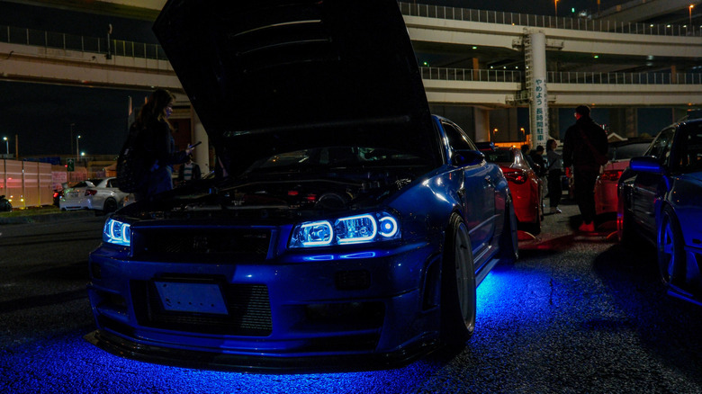 Nissan Skyline GT-R with blue underglow lights