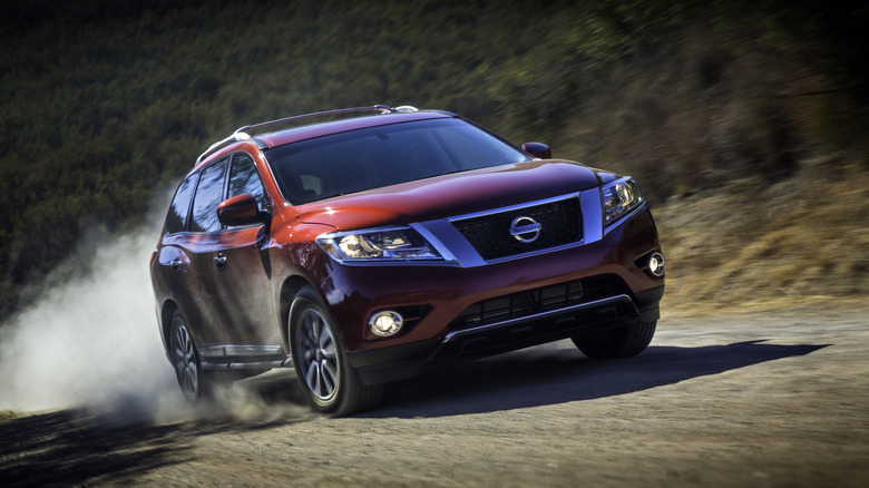 Front-shot of a 2013 Nissan Pathfinder off-roading
