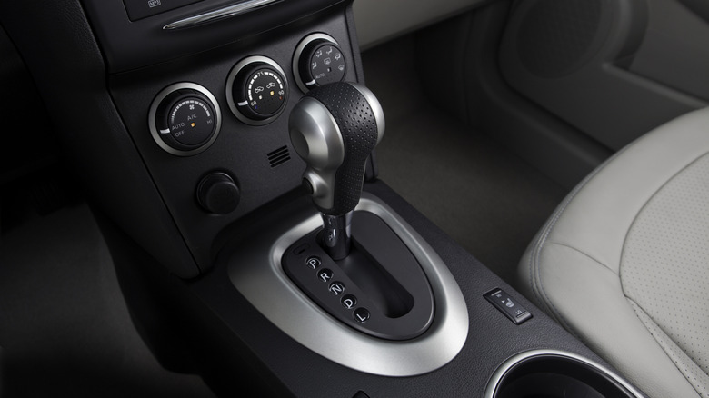 Close-up of a 2013 Nissan Rogue's CVT shifter