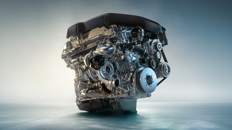 A rendering of a 2020 BMW B58 with twin-scroll turbocharger