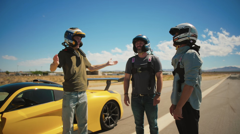 Screengrab from The Grand Tour of the hosts in front of a Hennessy Venom F5.