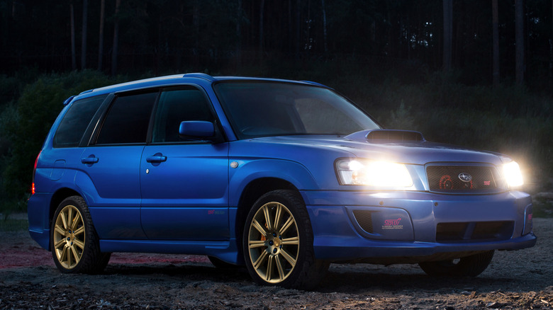 Blue Subaru Forester STI pictured at night