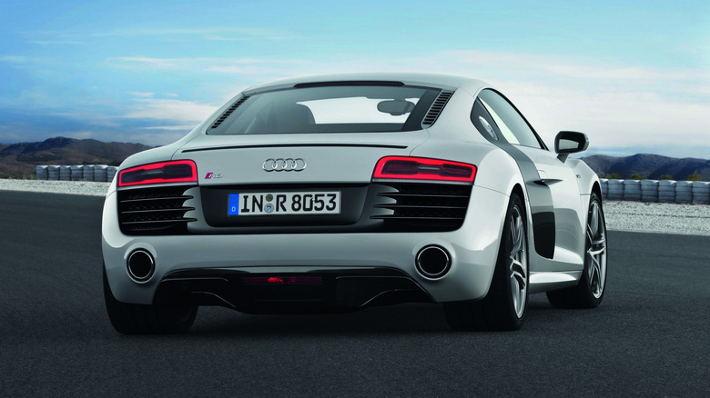 A gray Audi R8 V10 parked on a track