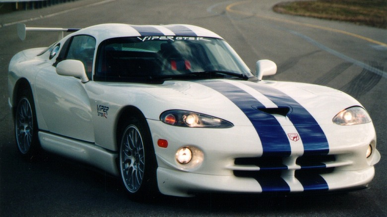 A white 1998 Dodge Viper GTS-R GT2 parked on a track