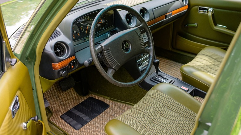 Interior of a green 1979 Mercedes-Benz 280TE