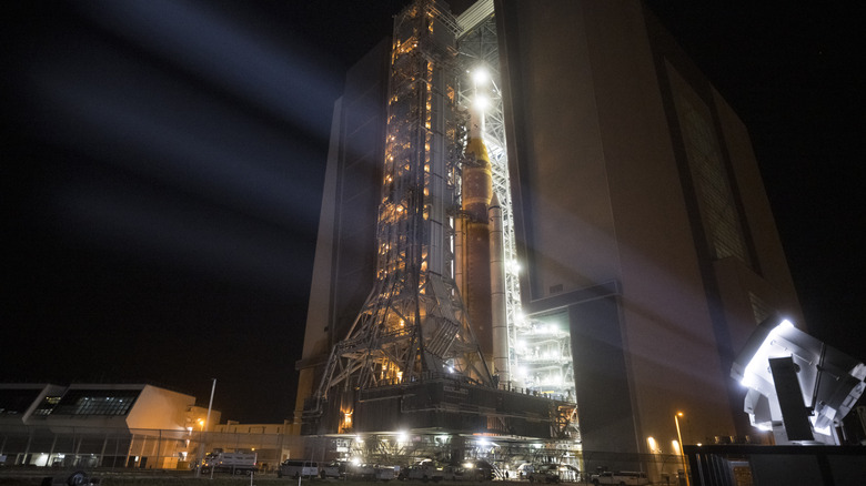 The NASA Artemis II Orion system rolling out of the Vehicle Assembly Building