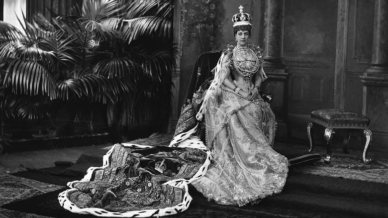 Queen Alexandra (1844-1925) in regal dress and crown for the coronation of her husband King Edward VII.