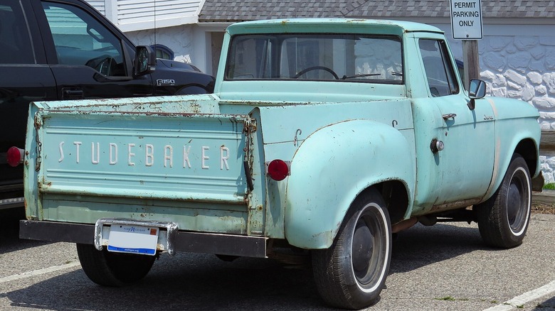 Rear 3/4 of 1960 Studebaker Champ pickup truck