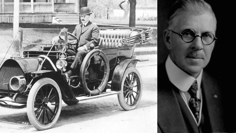 A split image of Ransom Olds in an early automobile on the left and a portrait on the right in black and white