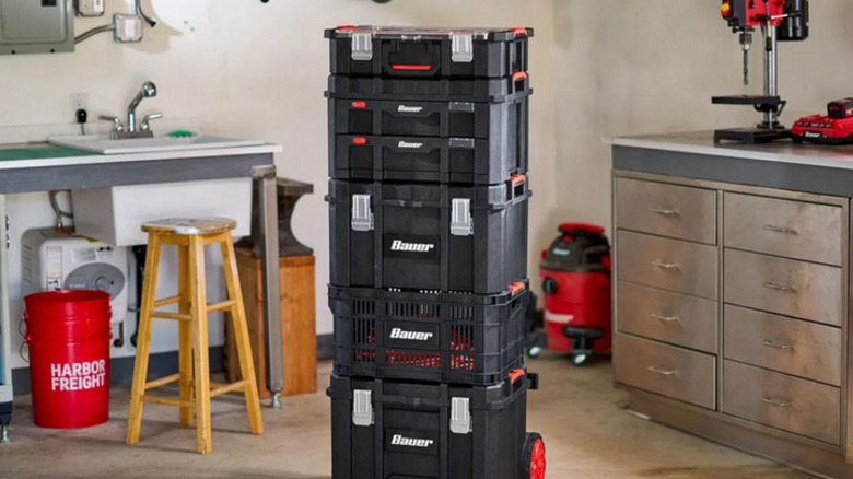 Harbor Freight storage system in a garage.