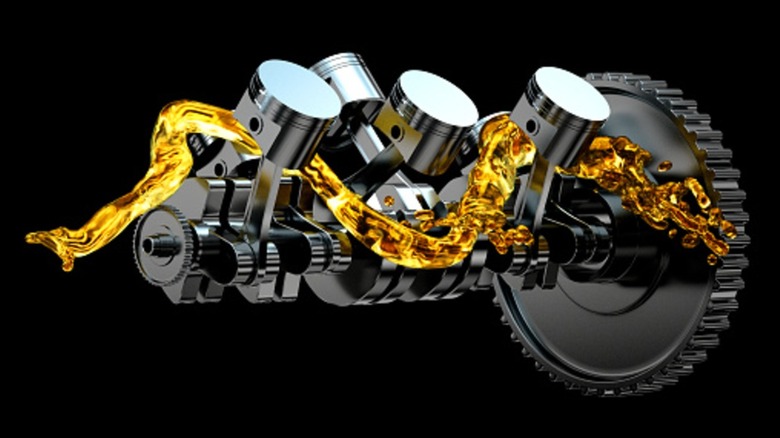 A 3D rendering of engine internals with oil running through.