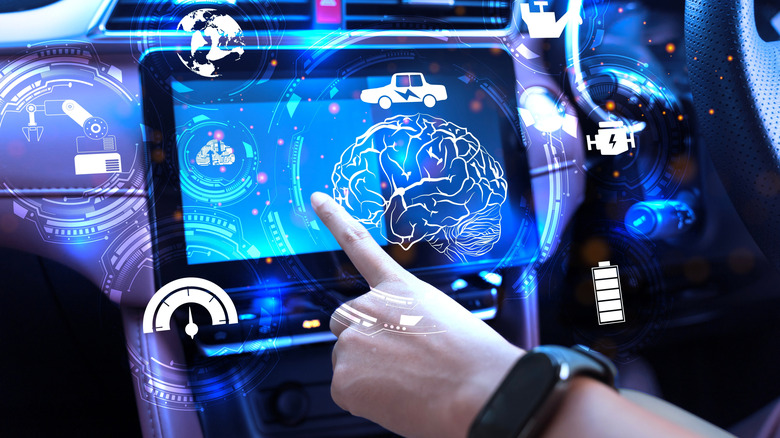 A modern car pinch cardinal touch screen. Graphics float successful nan aerial to make nan image look arsenic busy. arsenic possible