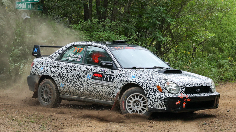 Driver Peter Farrow and co-driver Jackson Sedivy of the #717 2002 Subaru Impreza miss the turn on stage 12 of the 2025 ARA Ojibwe Forests Rally.