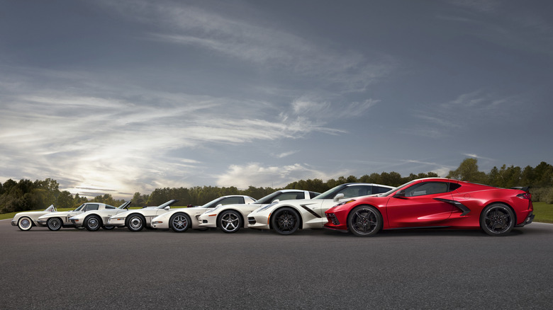 The Chevrolet Corvette's first eight generations in chronological order from left to right, parked on asphalt