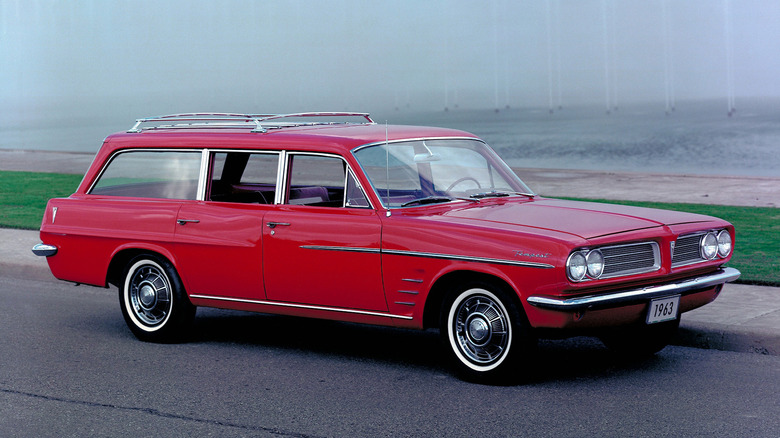 Front 3/4 view of a red Pontiac Tempest wagon