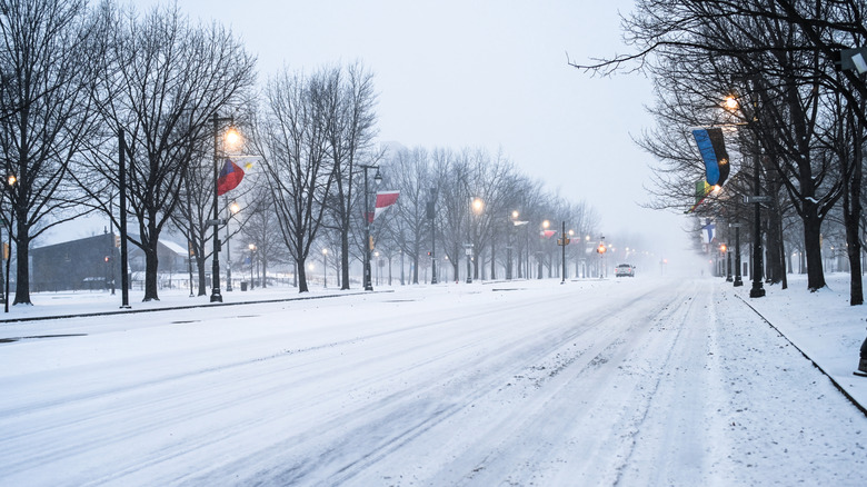 An empty snowy city street