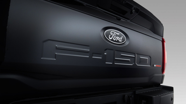 A close-up view of a matte black ORV Ford F-150 tailgate with the "F-150" emblem embedded in it.