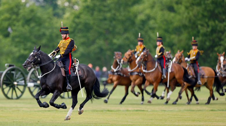 Funnily dressed men riding horses