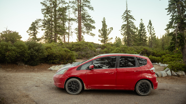 Red Honda Fit parked in South Lake Tahoe, California