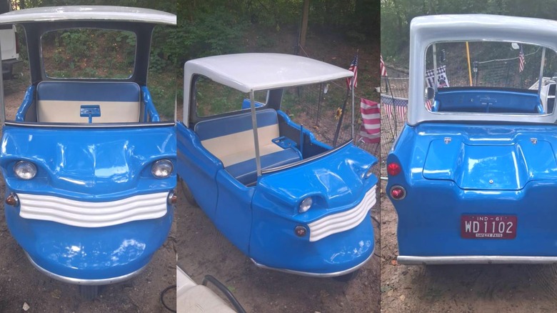 Three questionably taken images of the 1961 Electric Shopper in a brighter blue on a dirt road of sort in a forested area of Michigan