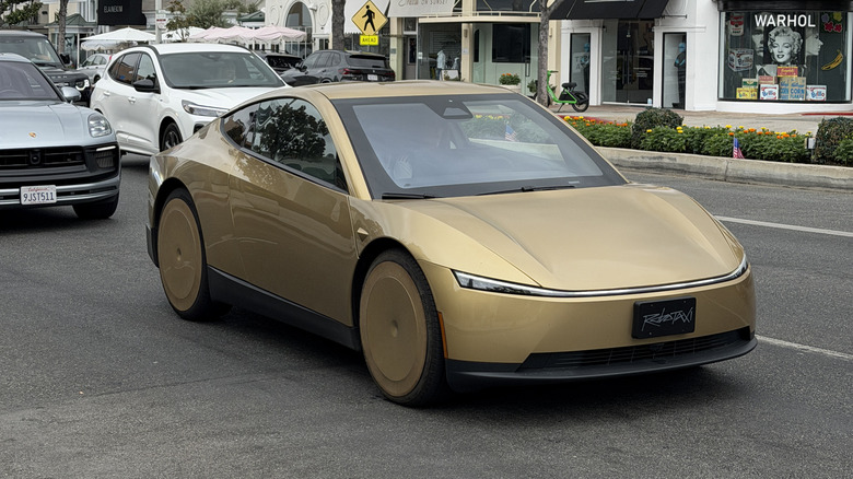 Front 3/4 view of a Tesla Cybercab in person