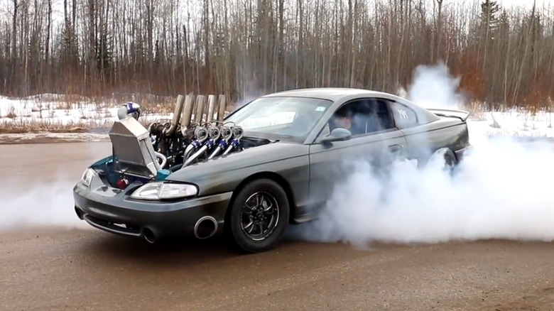 Eight-turbo Mustang doing a burnout