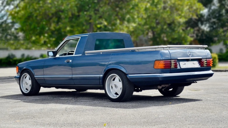 Rear 3/4 view of a 1983 Mercedes-Benz 500SEL pickup truck conversion
