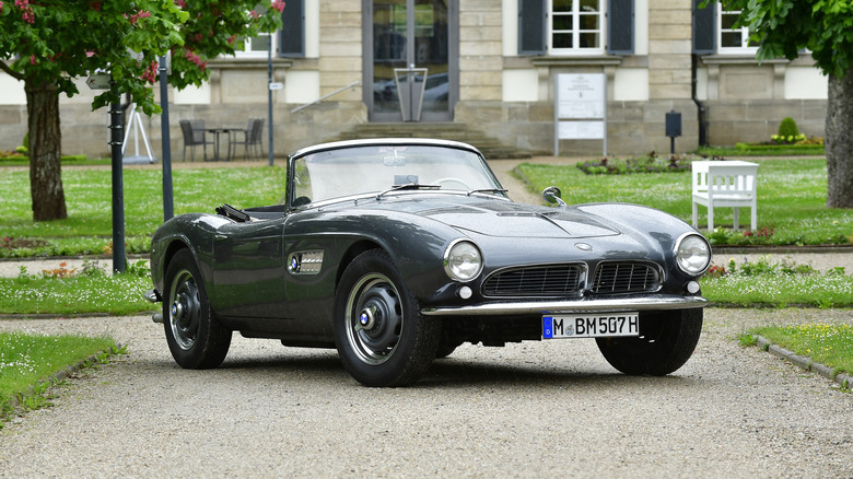 A dark gray BMW 507 at Rétromobile 2019 in Paris.