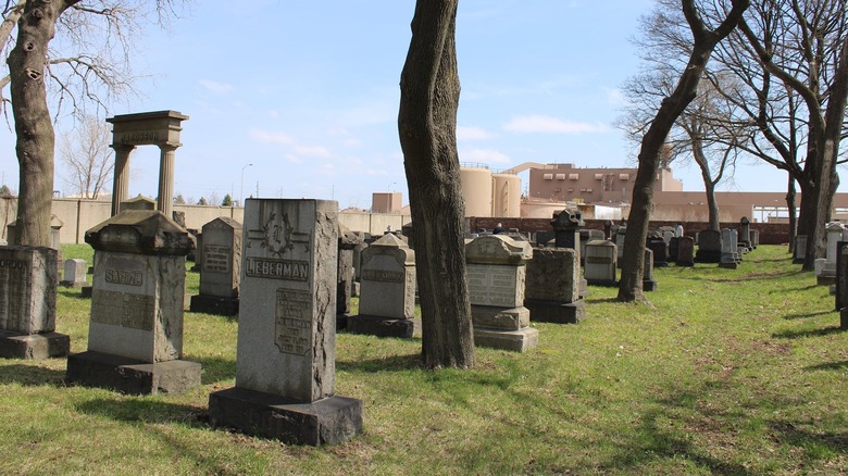 Graves inside the Beth Olem Cemetery with the General Motors Detroit-Hamtramck Assembly plant in the background