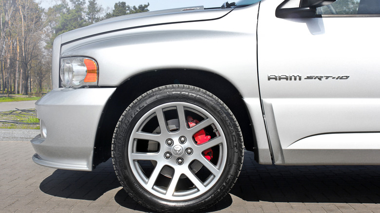 Dodge Ram SRT-10 silver side view showing wheels and brakes