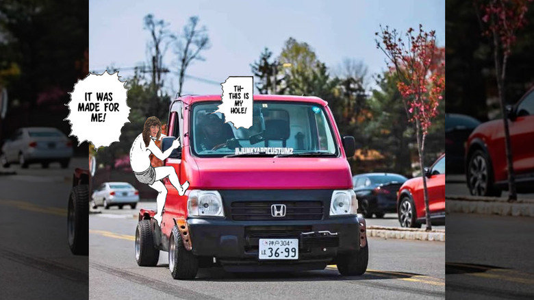 Pink Honda Acty truck, with the This Is My Hole panel from The Enigma of Amigara Fault photoshopped on it, with Amber's head photoshopped on that