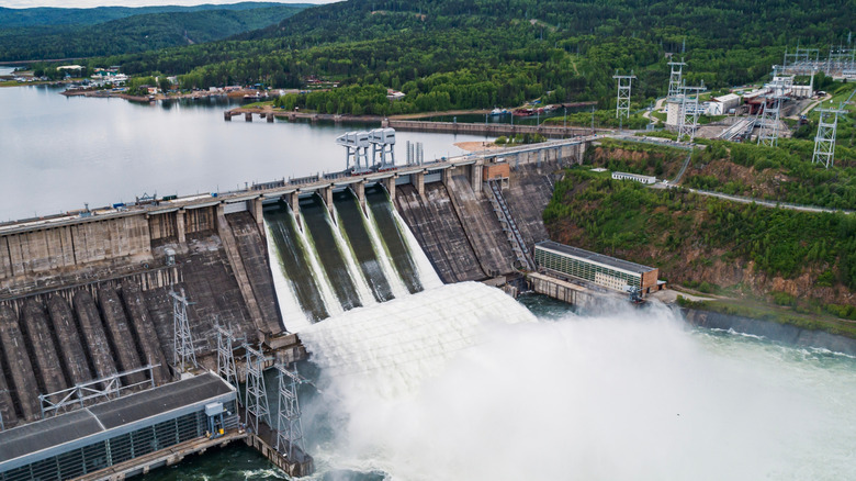 Water flowing out of a large dam