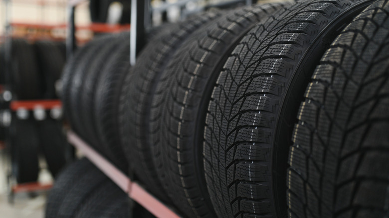 New tires stored on a tire storage rack