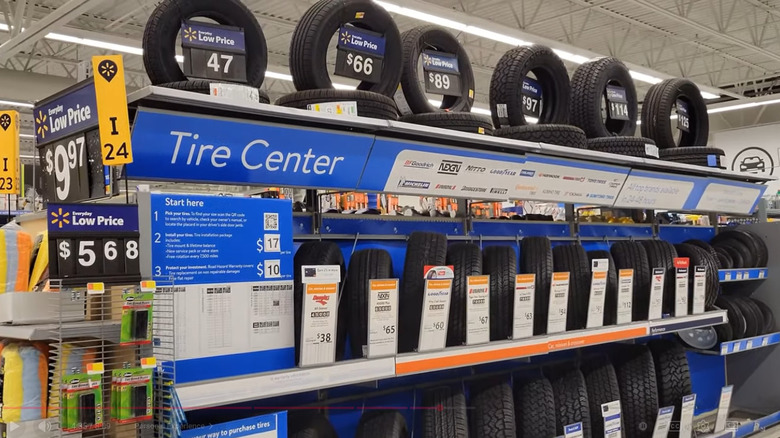 Tires on display at Walmart's tire center