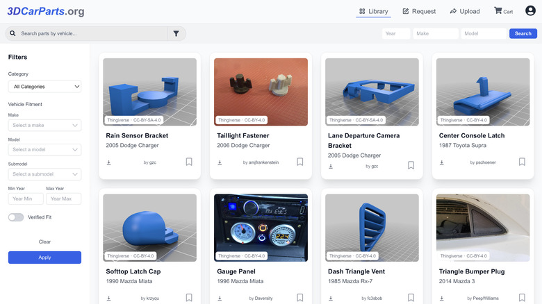 Screenshot of the 3DCarParts.org library, showing car parts available for 3D print