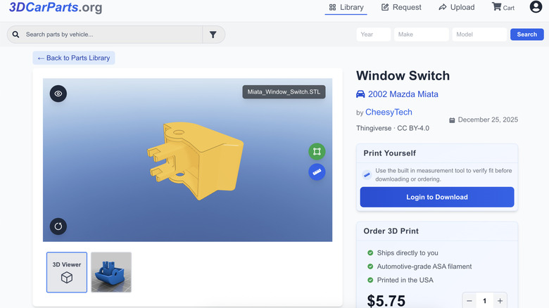 A listing on the 3DCarParts.org site for a Miata window switch