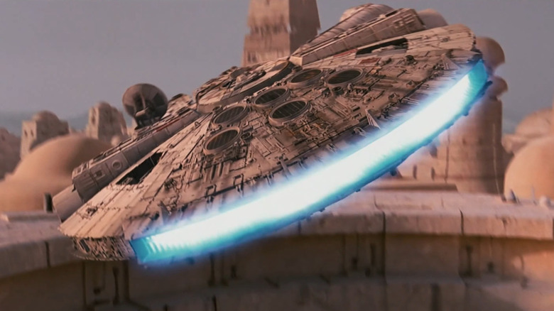 The Millennium Falcon escapes the stormtroopers on Tatooine in Star Wars: Episode IV-A New Hope