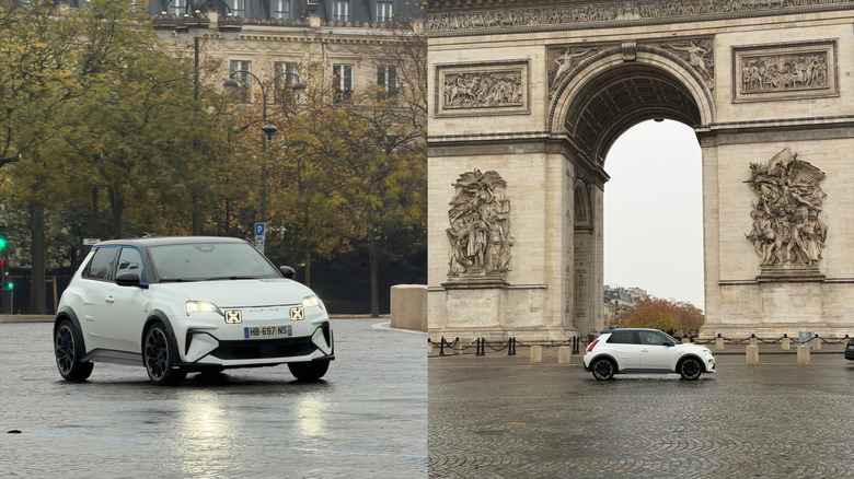 Collage of a white Alpine A290 at the Arc de Triomphe