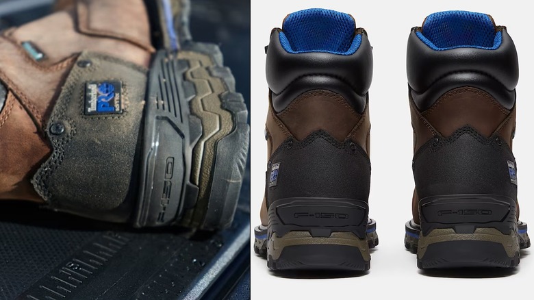 A side-by-side showing a close-up of the back of a brown boot next to the back of a pair of brown boots in front of a white background