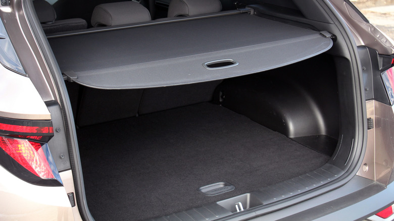 A car's rear hatch is open, with the cover extended.