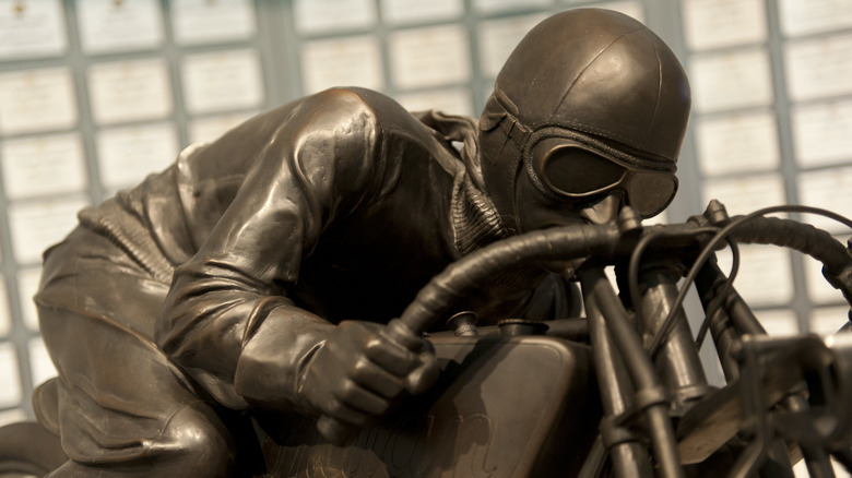 A closeup image of the bronze Glory Days statue at the AMA Motorcycle Hall of Fame.