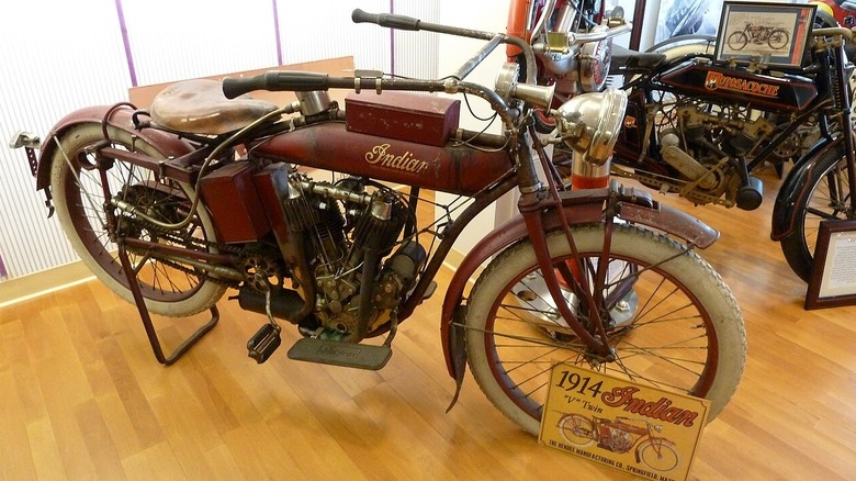 A 1914 Indian V Twin on display at the Solvang Vintage Motorcycle Museum in Solvang, CA.
