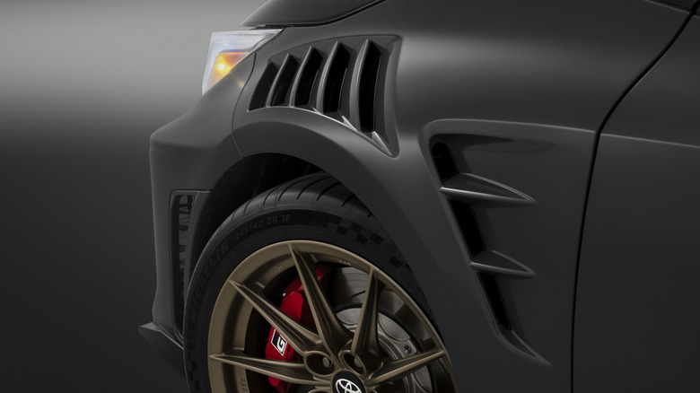 Closeup of the GRMN Corolla's front fender, showing lots of vents