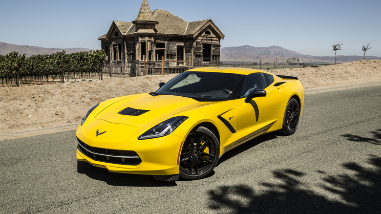 Bright photo of a 2015 Corvette Stingray painted in yellow.