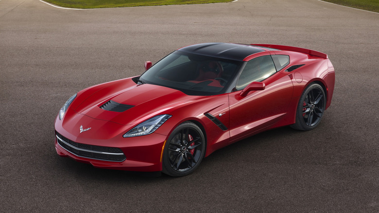 Three-quarter image of a red 2015 Corvette Stingray.
