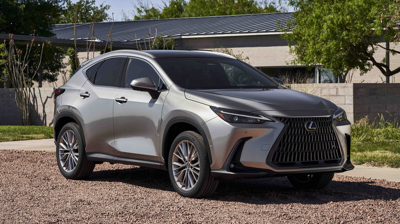 Front 3/4 view of a silver Lexus NX.