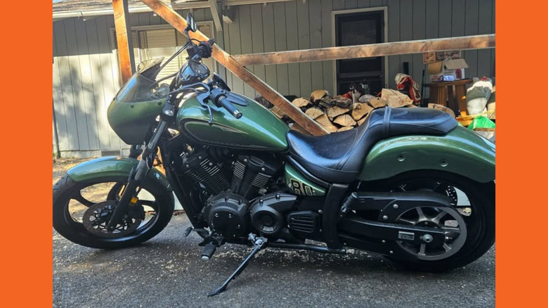 A green Yamah Stryker cruiser motorcycle