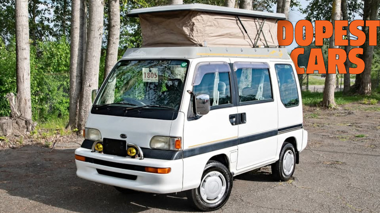 A white miniature van with a pop-top camper