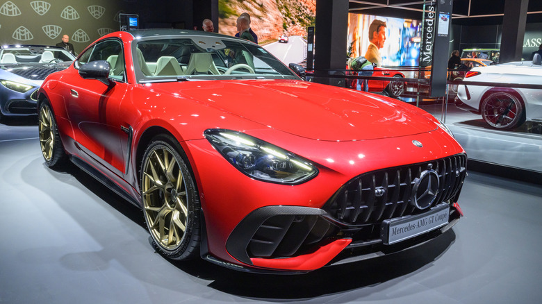 BRUSSELS, BELGIUM - JANUARY 09: Mercedes-AMG GT Coupe sports car by Mercedes-Benz on display at the AutoSalon press preview on January 09, 2026 in Brussels, Belgium. The 102nd Brussels Motor Show has firmly established itself on the international calendar, featuring over 60 car brands and more than 20 motorcycle brands, and visited by over 270,000 people. (Photo by Sjoerd van der Wal/Getty Images)